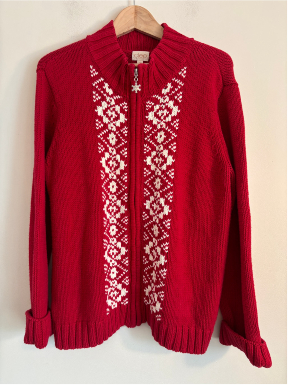 Vintage Cleo Red and White Fair Isle Zip-Up Knit Cardigan Sweater Size L Winter